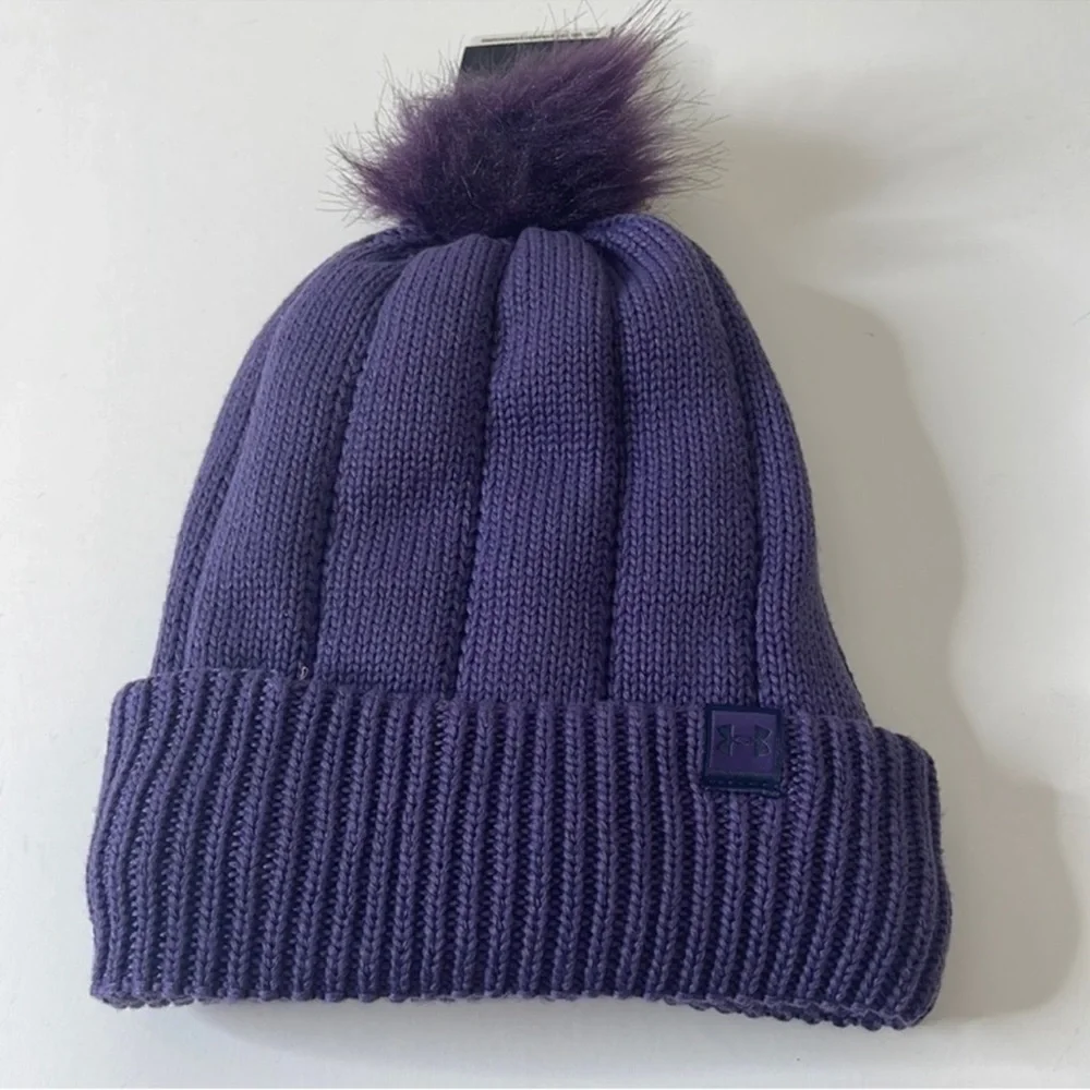Under Armour UA Coldgear Infrared Around Town Beanie Hat with Pom Purple
